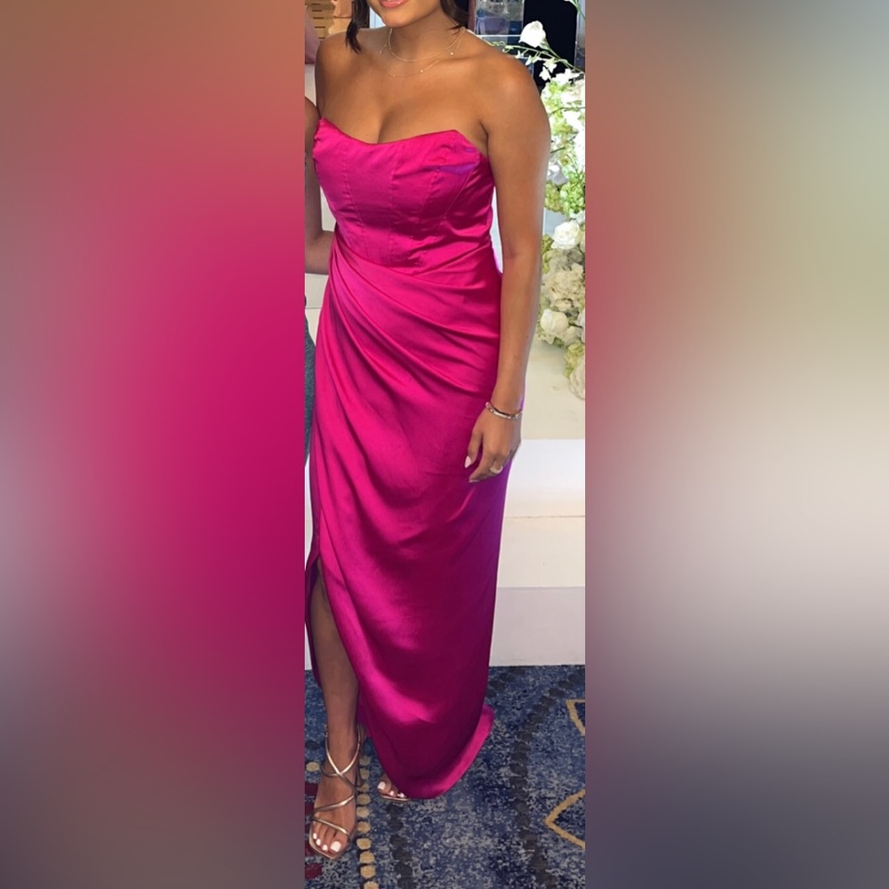 Pink long satin corset top strapless dress